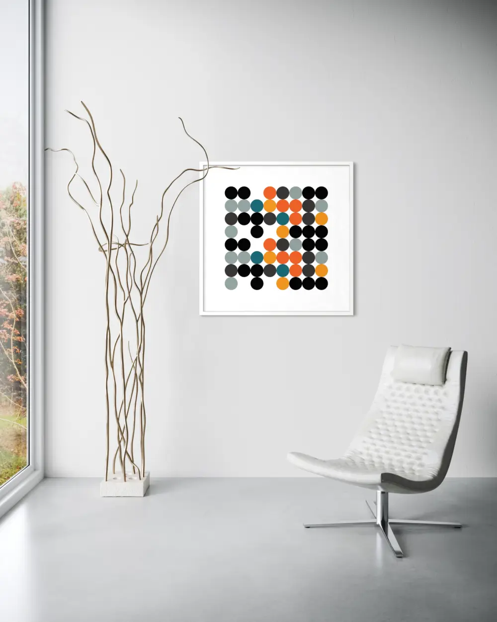 Date Cipher geometric artwork displayed in a minimal interior